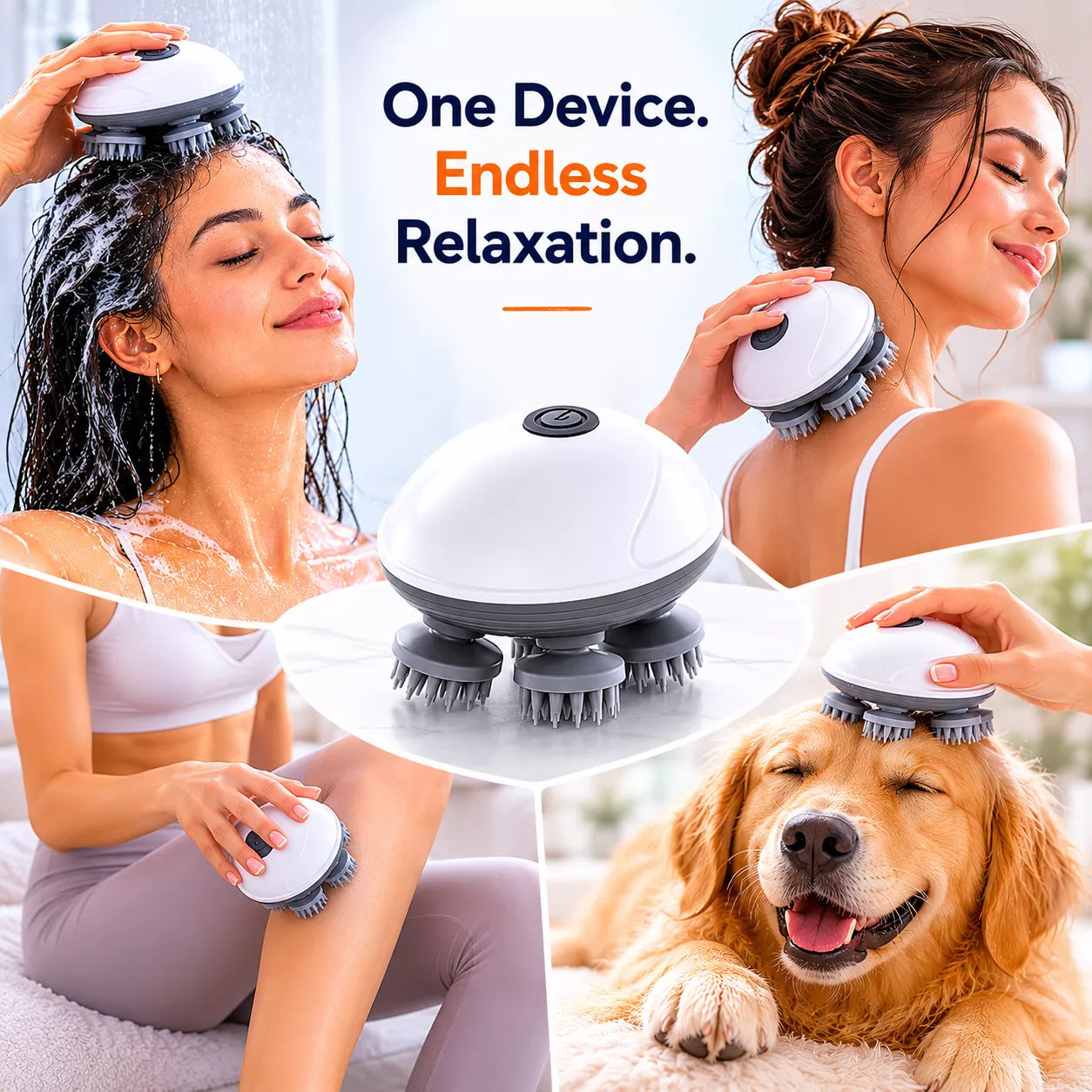 Woman using a handheld massager on her head, shoulders, and dog, with text 'One Device. Endless Relaxation.'