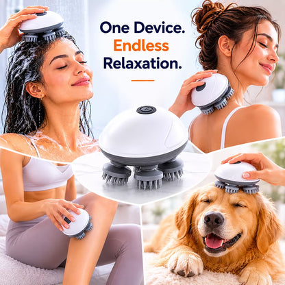 Woman using a handheld massager on her head, shoulders, and dog, with text 'One Device. Endless Relaxation.'
