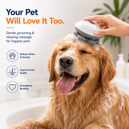 Dog being groomed with a brush, with text about pet care benefits.