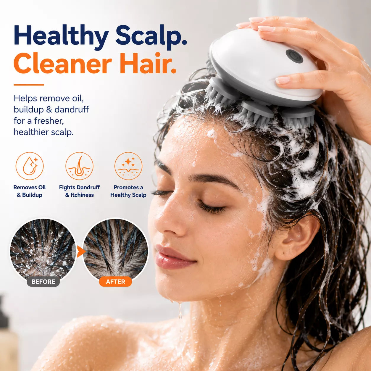 Woman using a scalp care device with text about healthy scalp and cleaner hair.