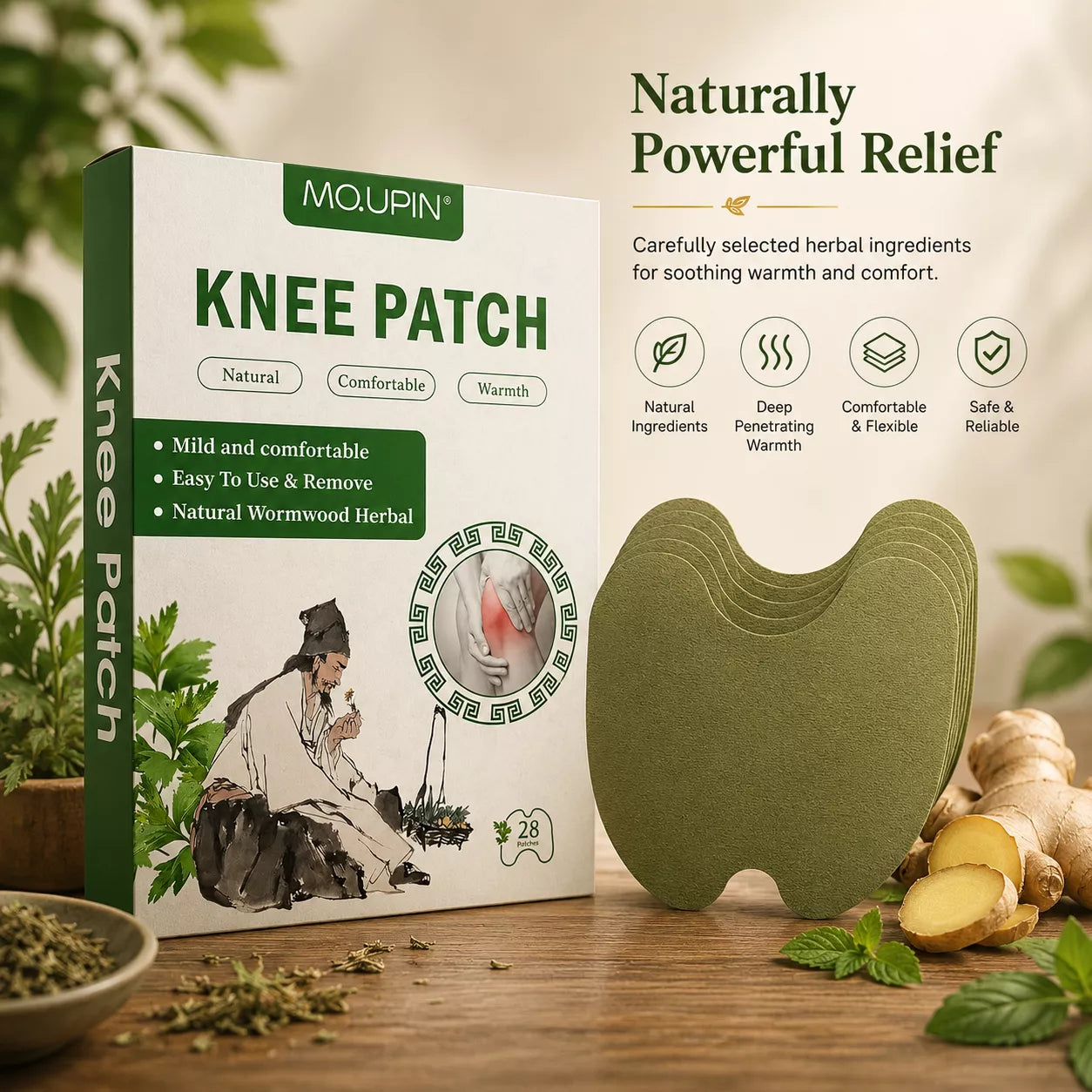 Mourpin knee patch packaging with herbal ingredients on a wooden surface